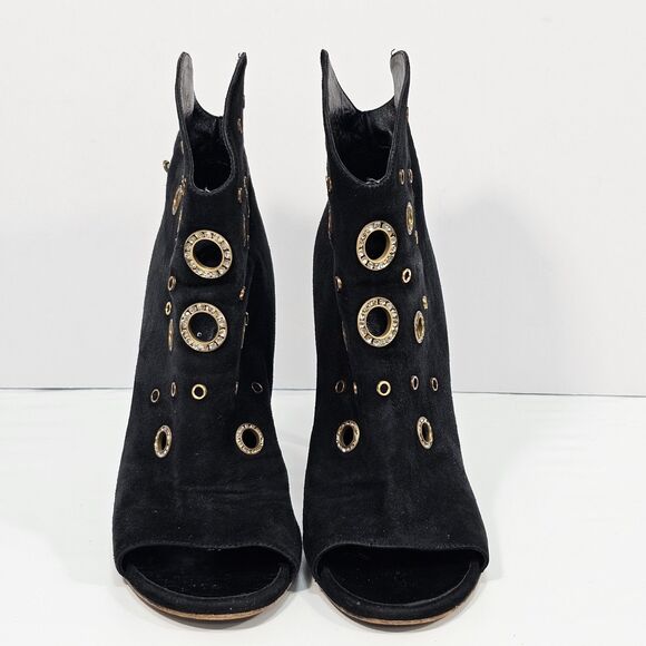 Giuseppe Zanotti Black Suede Crystal Eyelet Peep Toe Booties Size 39 - Picture 2 of 12